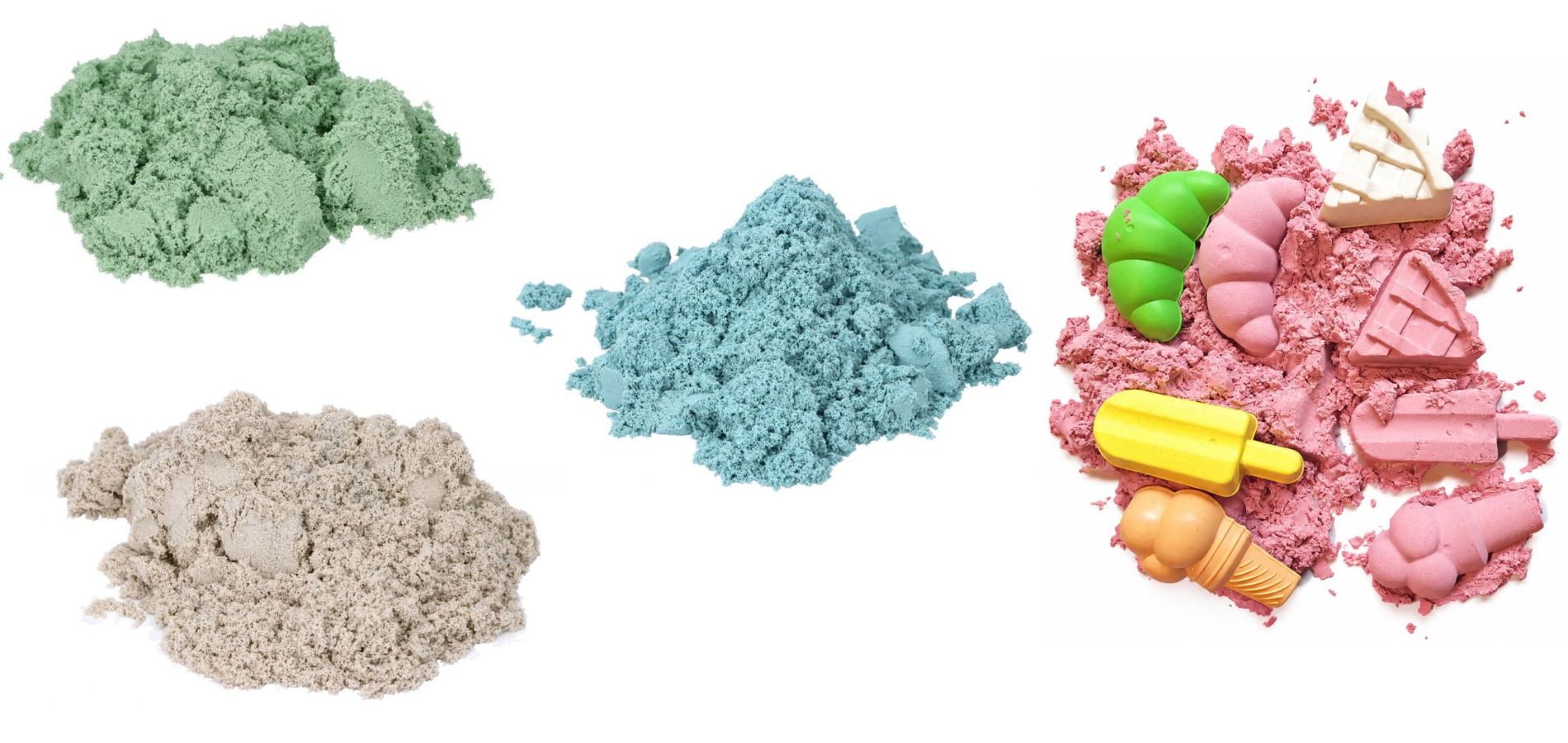 kineetiline liiv naturaalne toon, pastelne sinine roheline ja roosa koos liivavormidega 1 kg 3 kg ja 5 kg